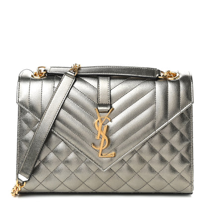 Saint Laurent Metallic Grain De Poudre Textured Mixed Matelasse Triquilt Medium Monogram Satchel Piombo 1 of 8