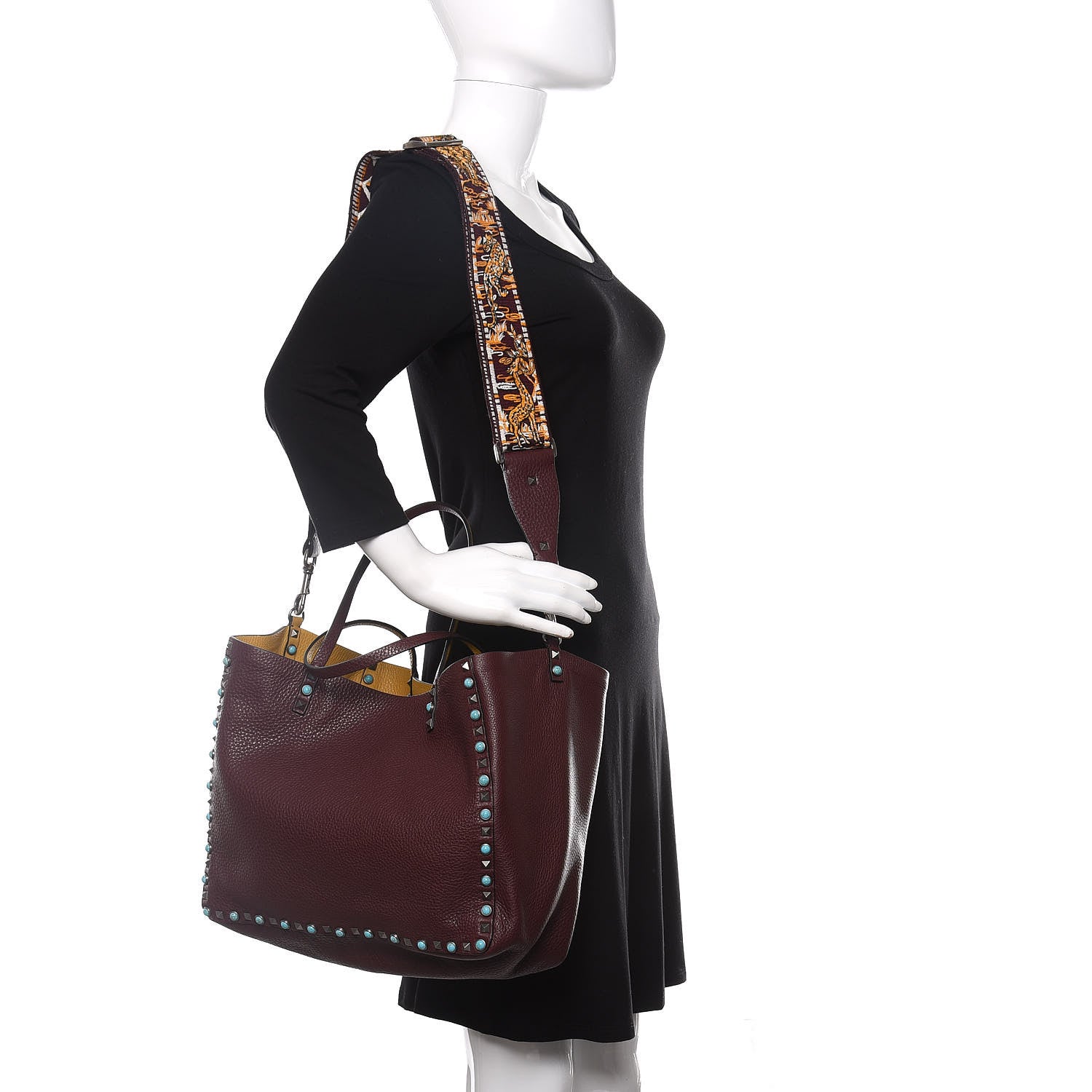 Valentino Garavani Stampa Alce Calfskin Medium Guitar Strap Rockstud Rolling Reversible Tote Wine Yellow 2 of 18