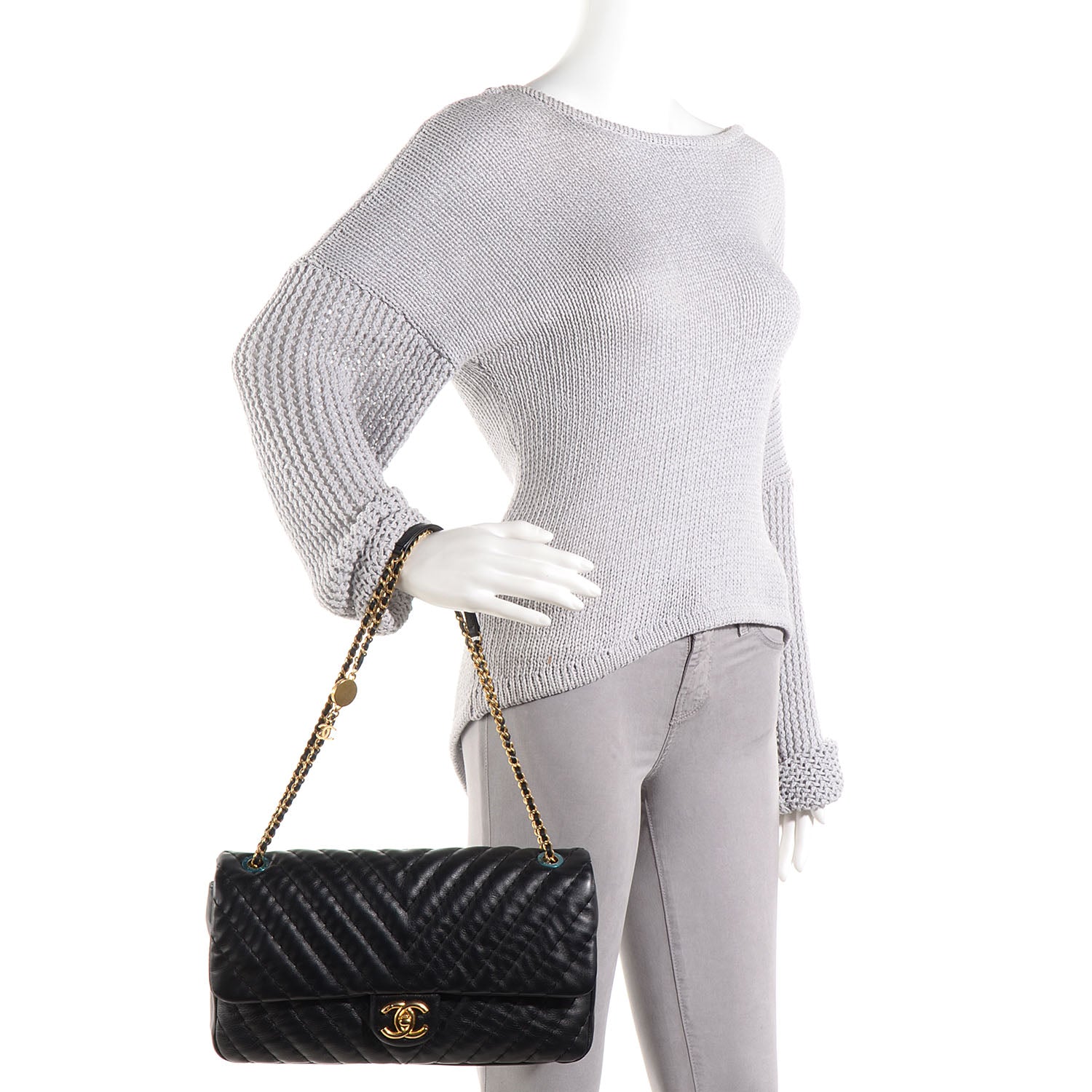 Chanel Calfskin Surpique Chevron Large Flap Black 2 of 9