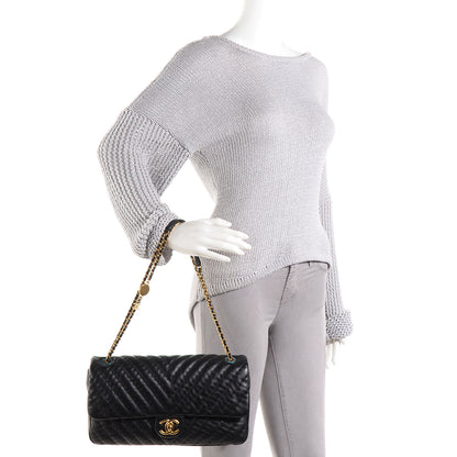 Chanel Calfskin Surpique Chevron Large Flap Black 2 of 9