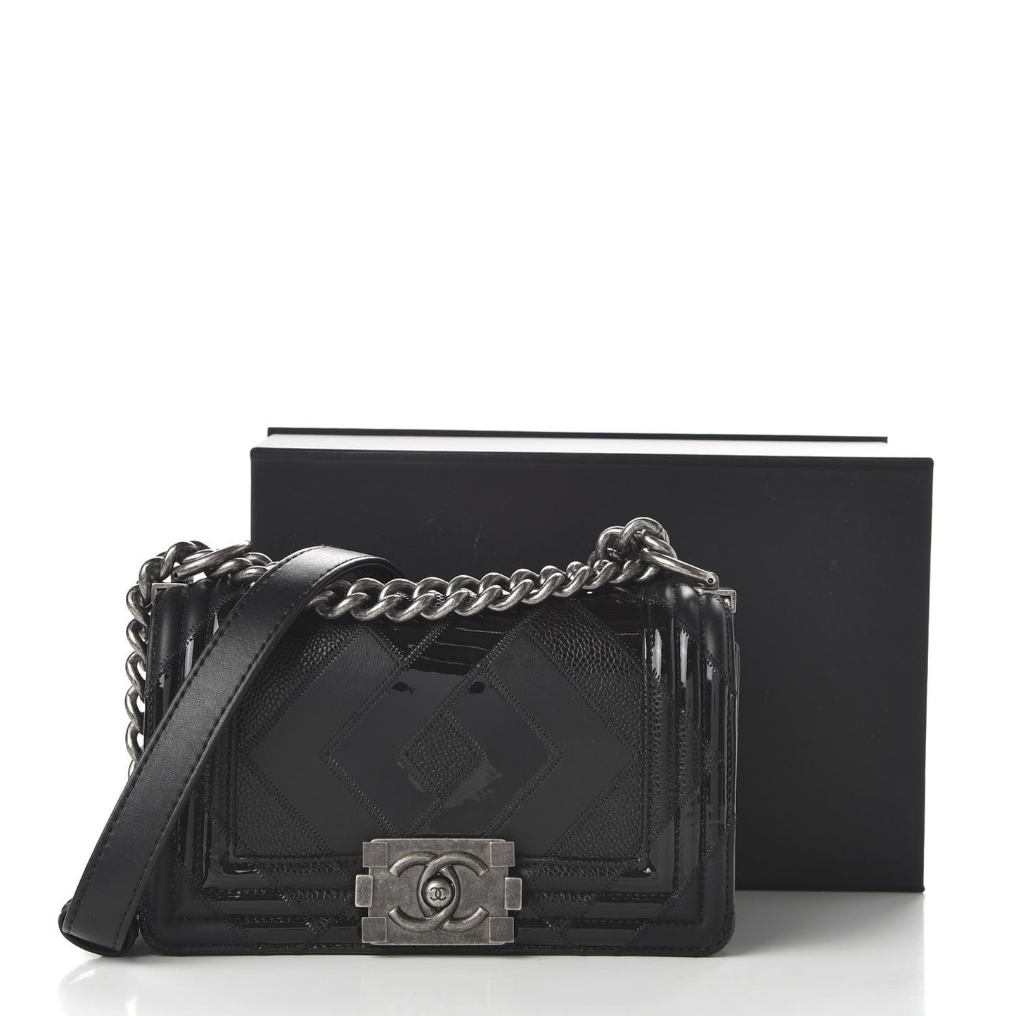 Calfskin Patent Calfskin Caviar Small Boy Flap Black