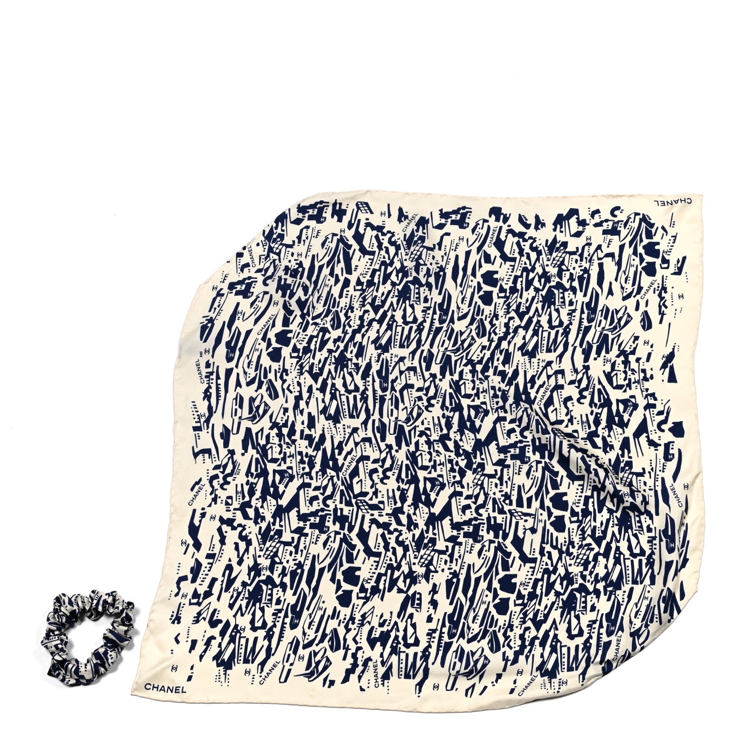 Chanel Silk CC Scrunchie and Scarf Hair Tie Set White Blue 4 of 5