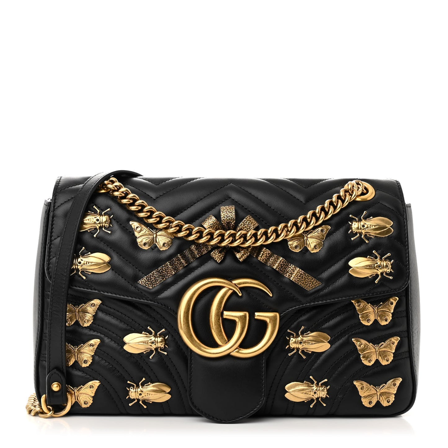 Calfskin Matelasse Animal Studs Medium GG Marmont Shoulder Bag Black