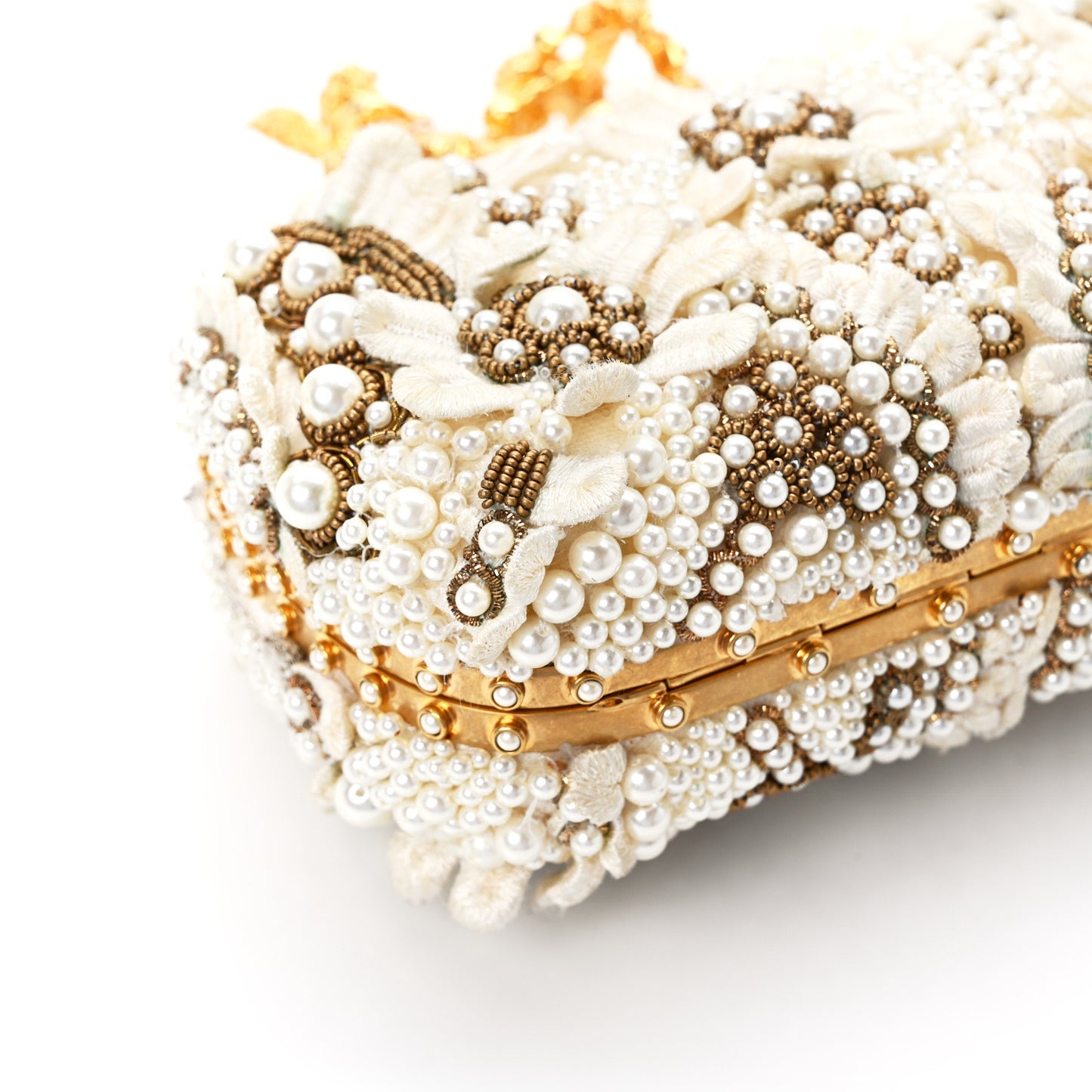 Embroidered Pearl Angel Knuckle Box Clutch Ivory Gold