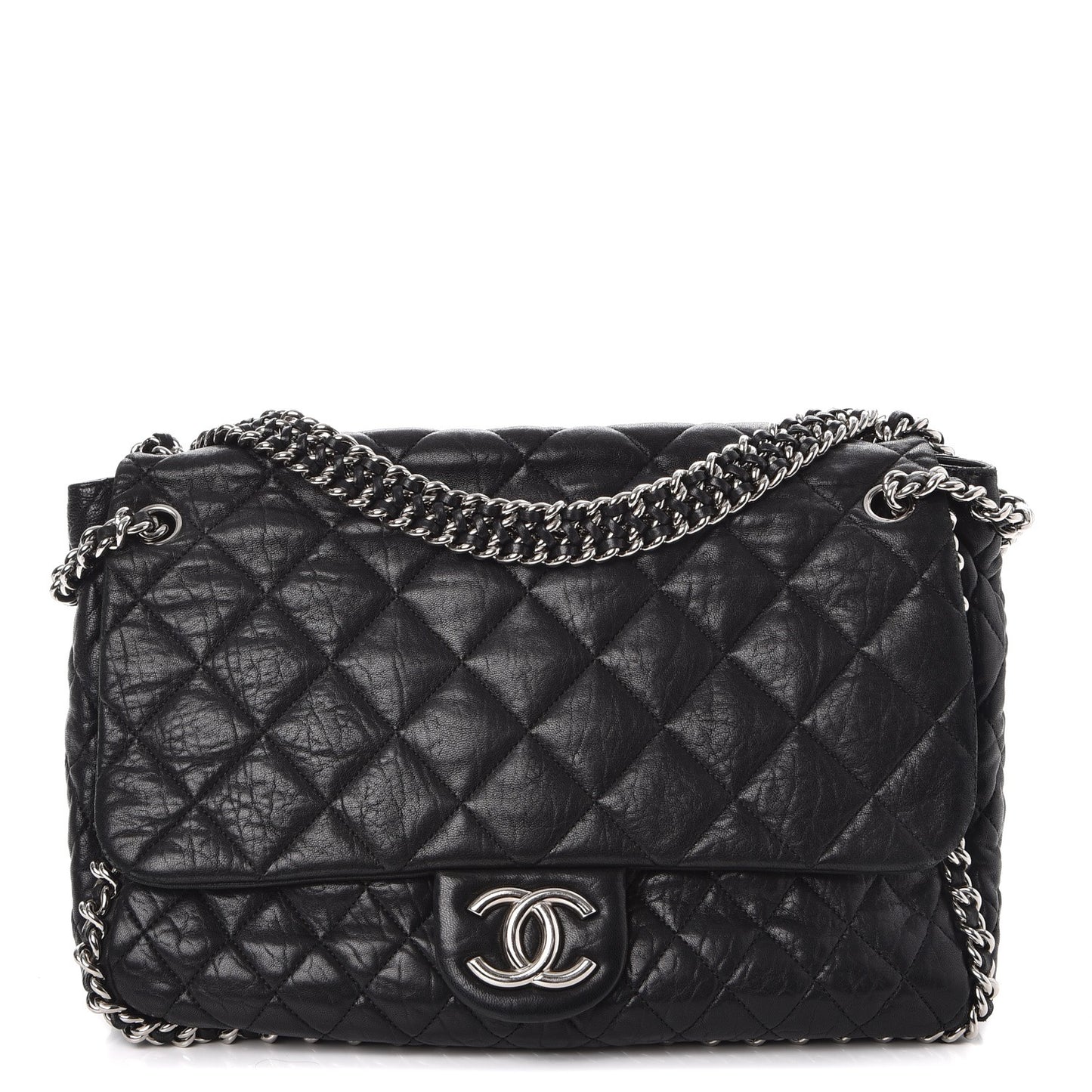 Washed Lambskin Quilted Maxi Chain Around Flap Black