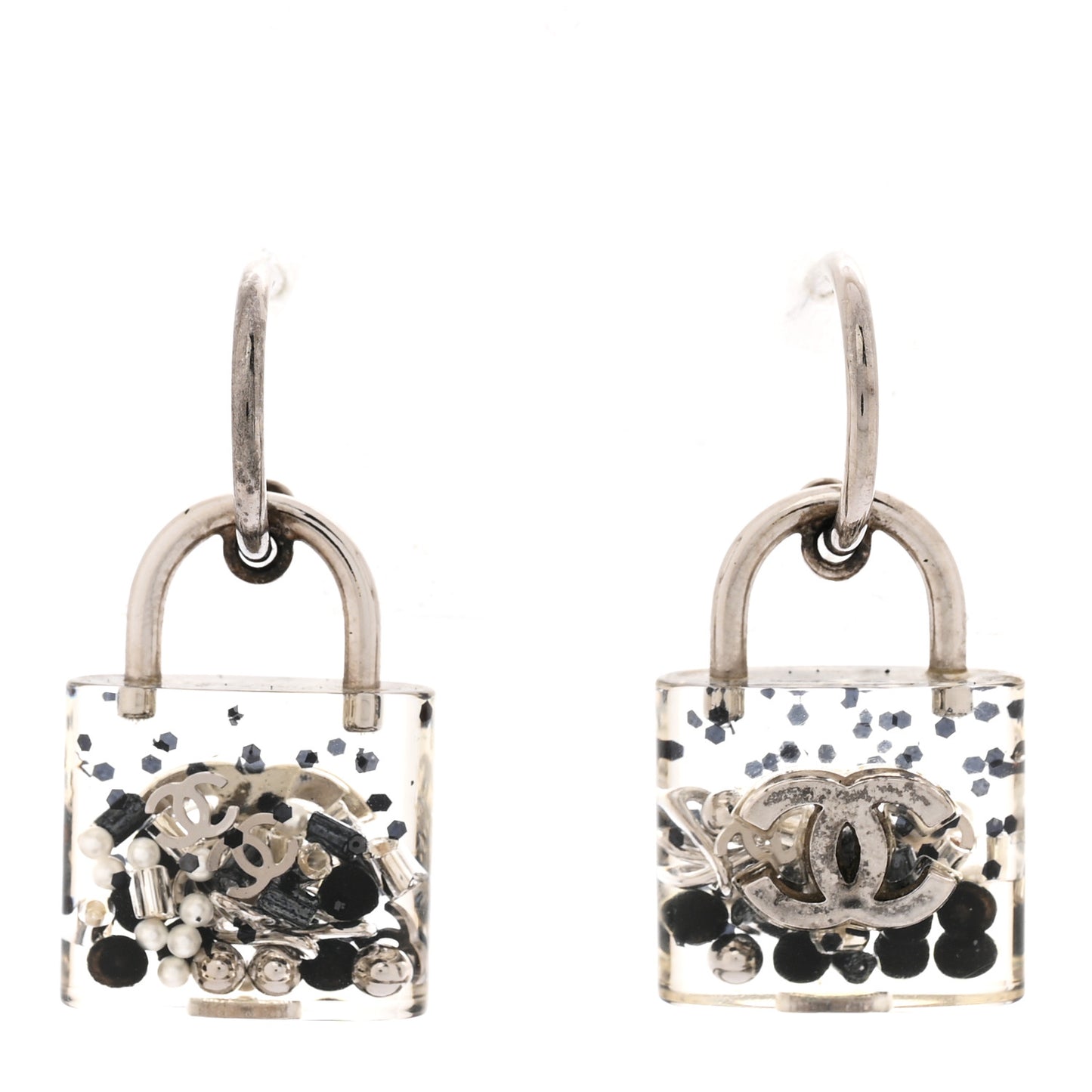 Resin Pearl CC Padlock Earrings Grey
