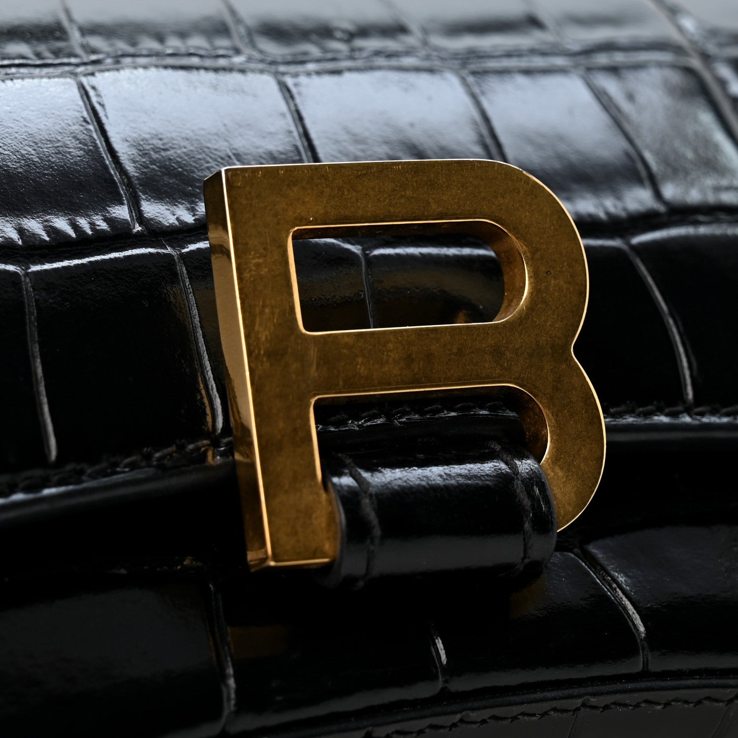 Balenciaga Shiny Calfskin Crocodile Embossed Hourglass Chain Bag Black 12 of 13