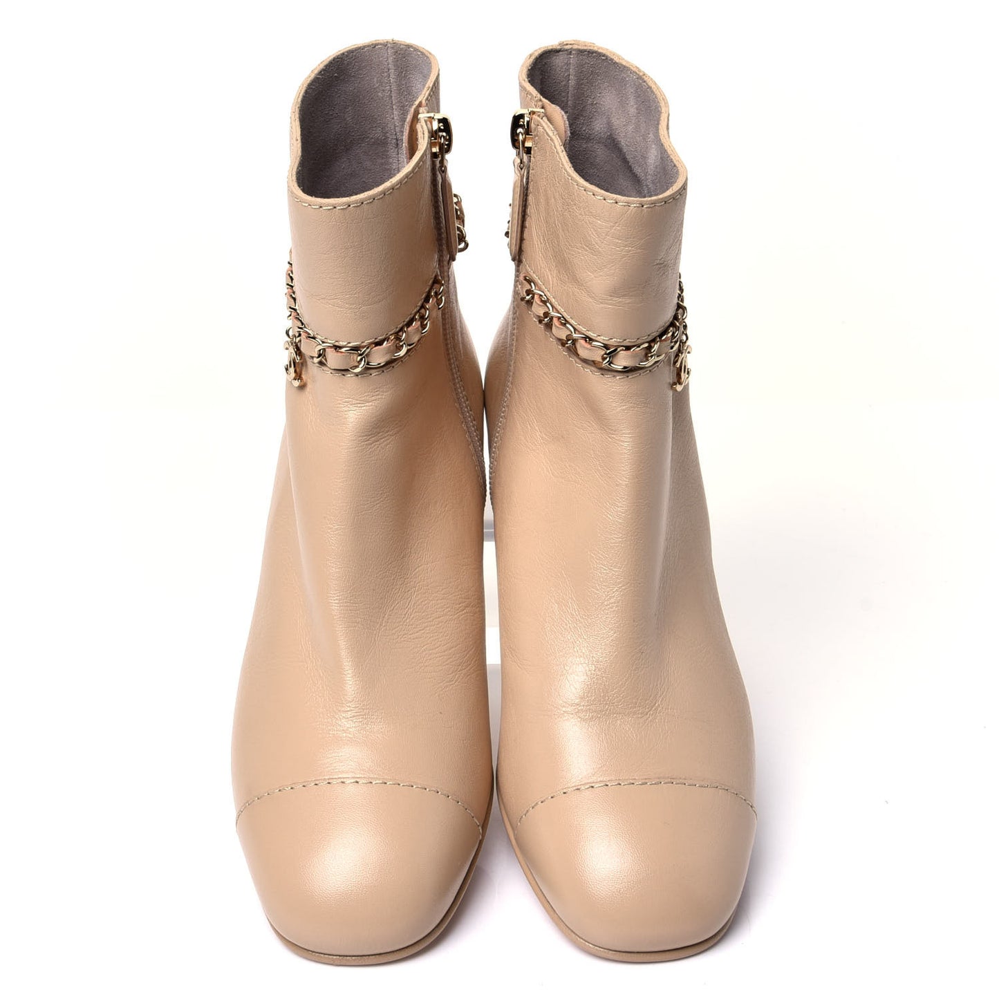 Calfskin Cap Toe Chain Short Boots 37 Beige