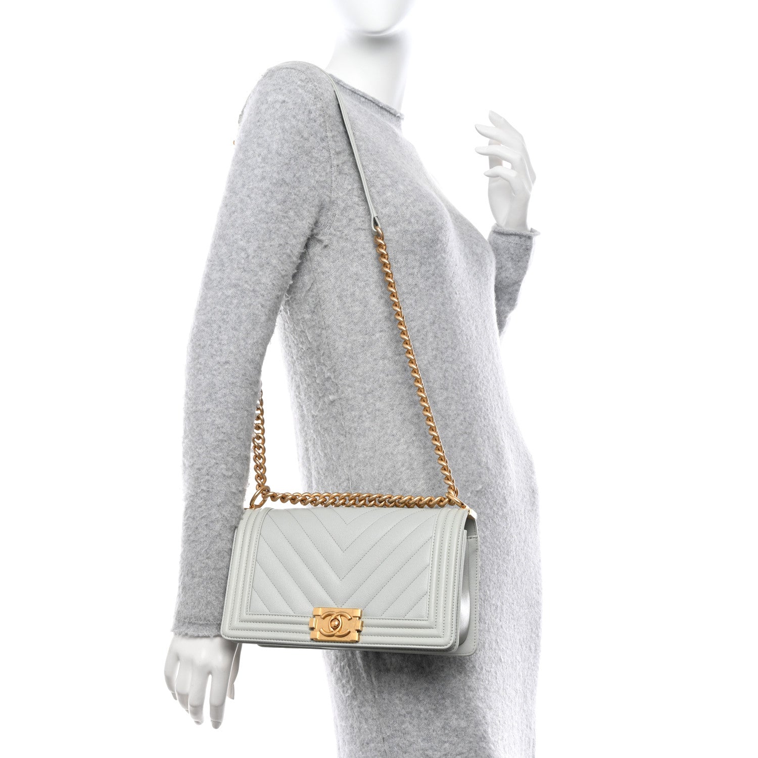 Chanel Caviar Chevron Quilted Medium Boy Flap Light Grey 2 of 10