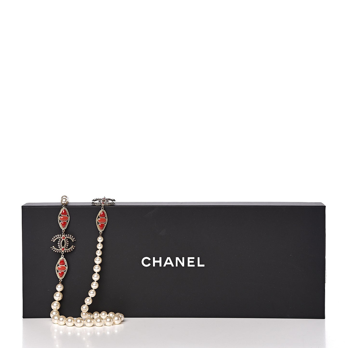 Pearl Gripoix CC Long Strand Necklace Gold Red