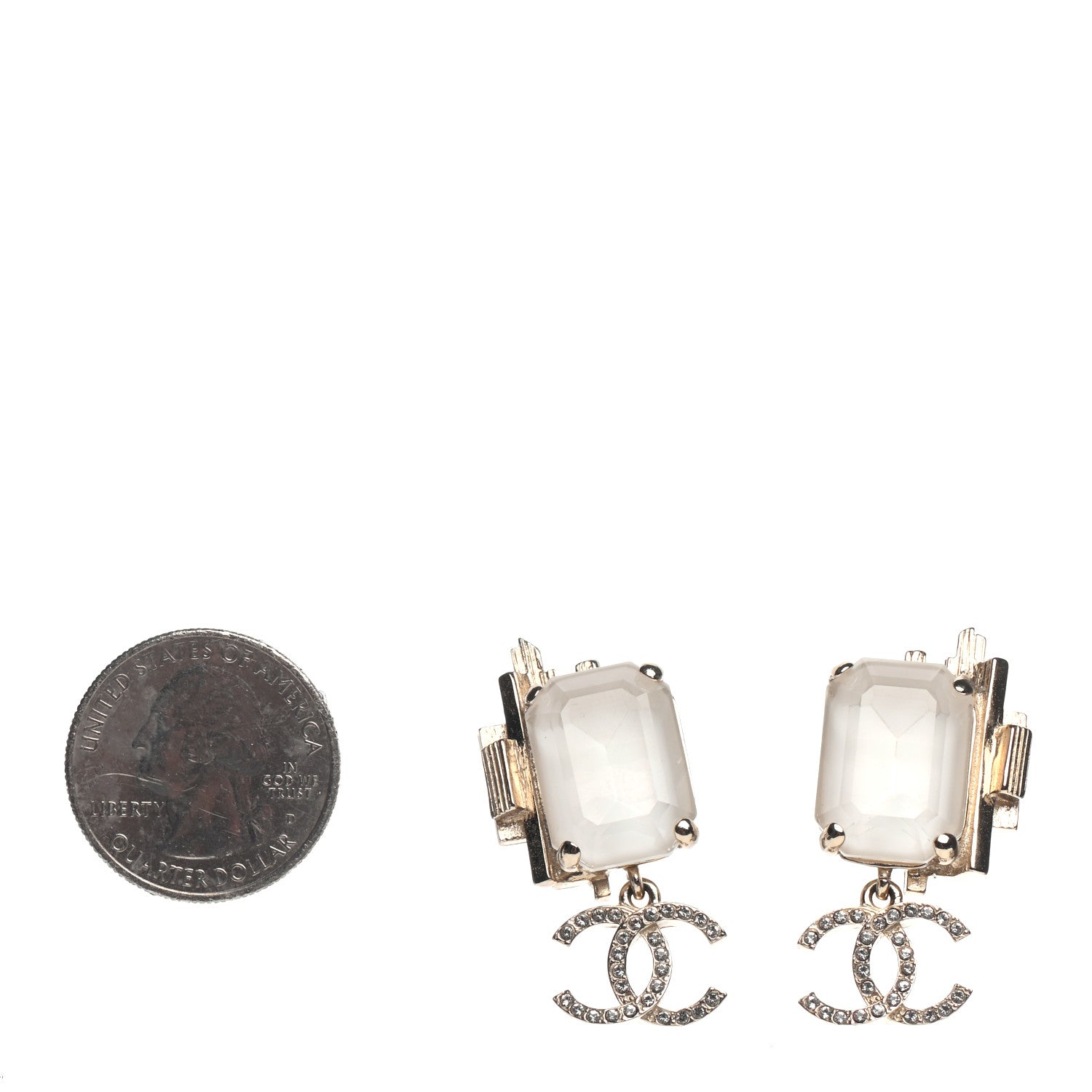 Chanel Metal Crystal CC Earrings Gold White 2 of 4