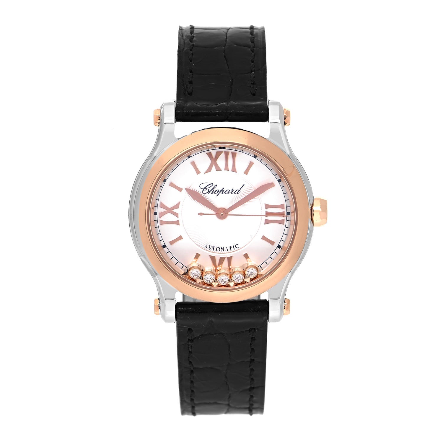 Chopard Stainless Steel 18K Rose Gold Alligator 5 Diamond 36mm Happy Sport Automatic Watch 1 of 5