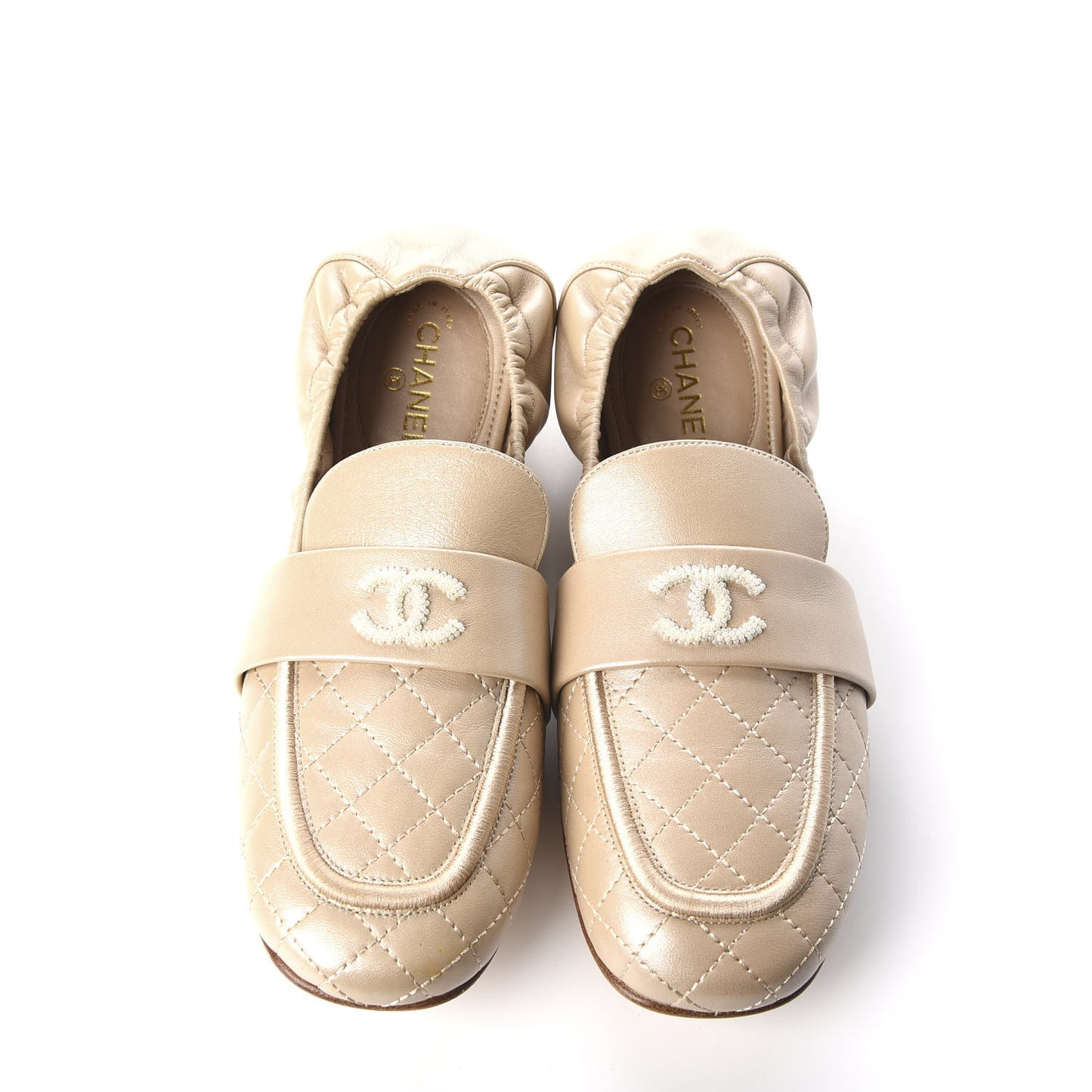 Laminated Lambskin Womens Quilted Elastic CC Moccasin Loafers 36.5 Beige