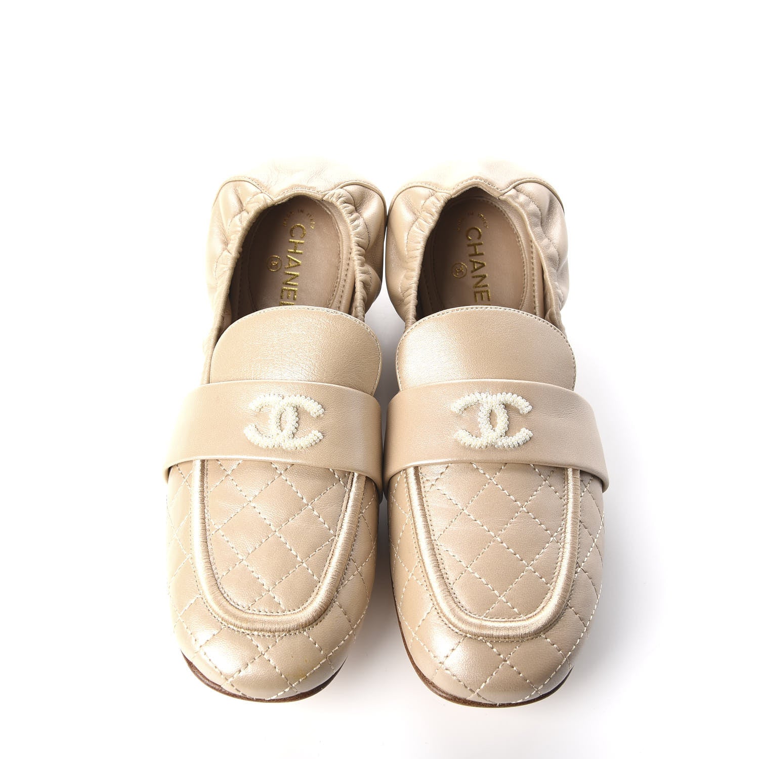 Chanel Laminated Lambskin Womens Quilted Elastic CC Moccasin Loafers 36.5 Beige 5 of 11
