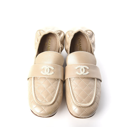 Chanel Laminated Lambskin Womens Quilted Elastic CC Moccasin Loafers 36.5 Beige 5 of 11