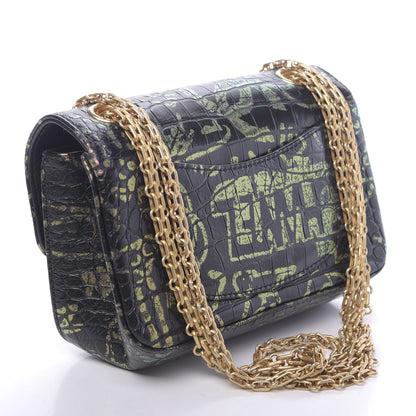 Chanel Calfskin Crocodile Embossed Graffiti 2.55 Mini Cocodile Reissue Flap Black Pink 3 of 10