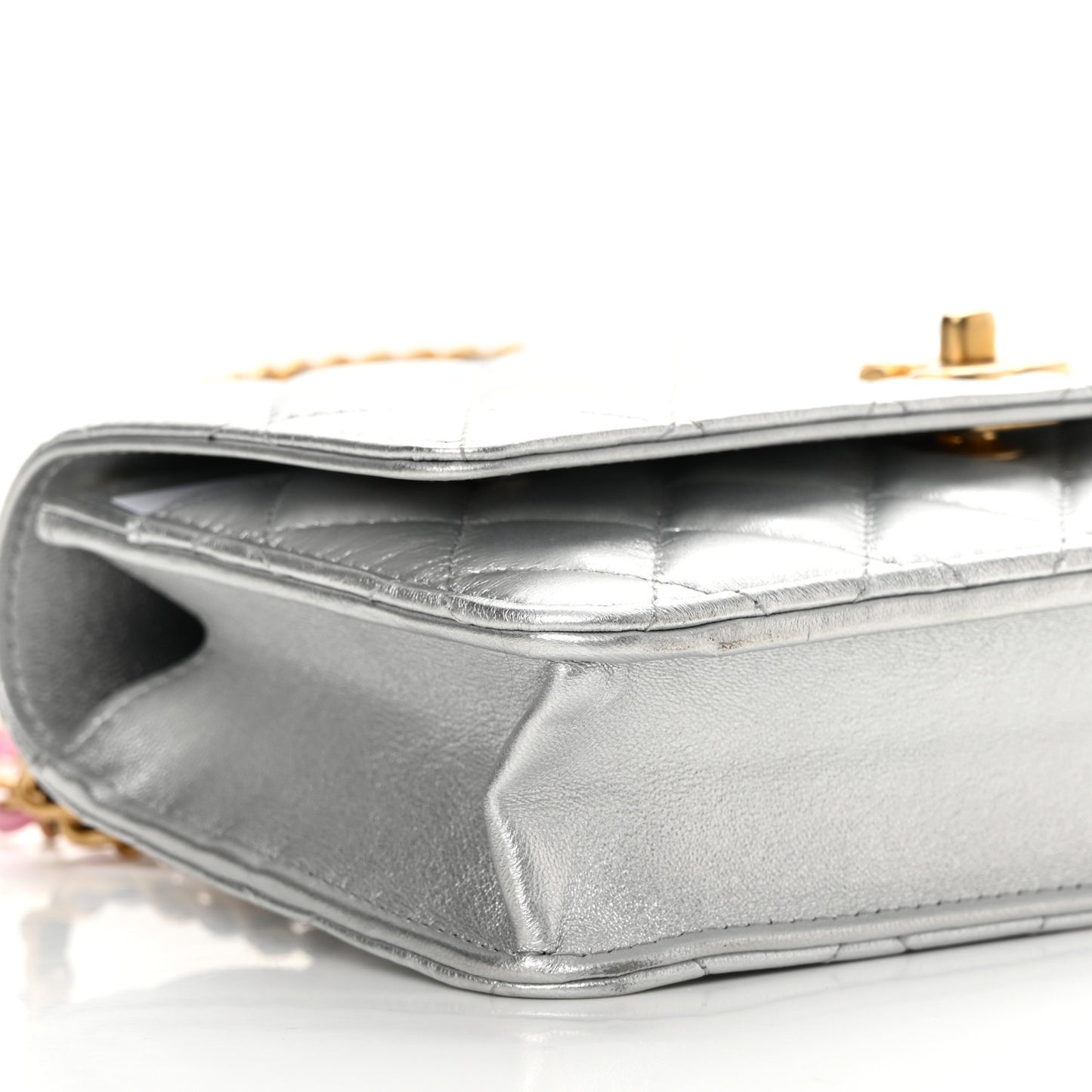 Metallic Calfskin Quilted Top Handle Wallet on Chain WOC Silver
