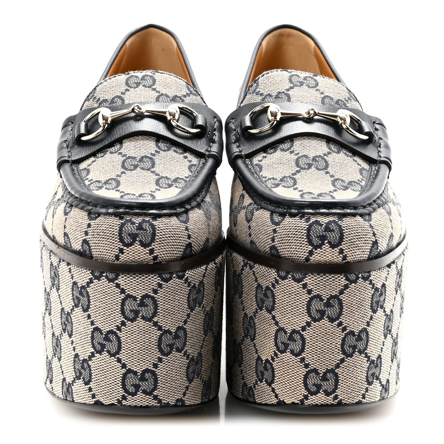 Gucci Canvas GG Monogram Horsebit Calfskin Womens Horsebit Platform Loafers 37.5 Beige Blue 3 of 10