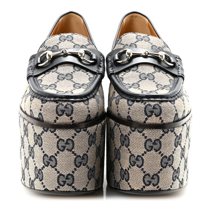 Gucci Canvas GG Monogram Horsebit Calfskin Womens Horsebit Platform Loafers 37.5 Beige Blue 3 of 10