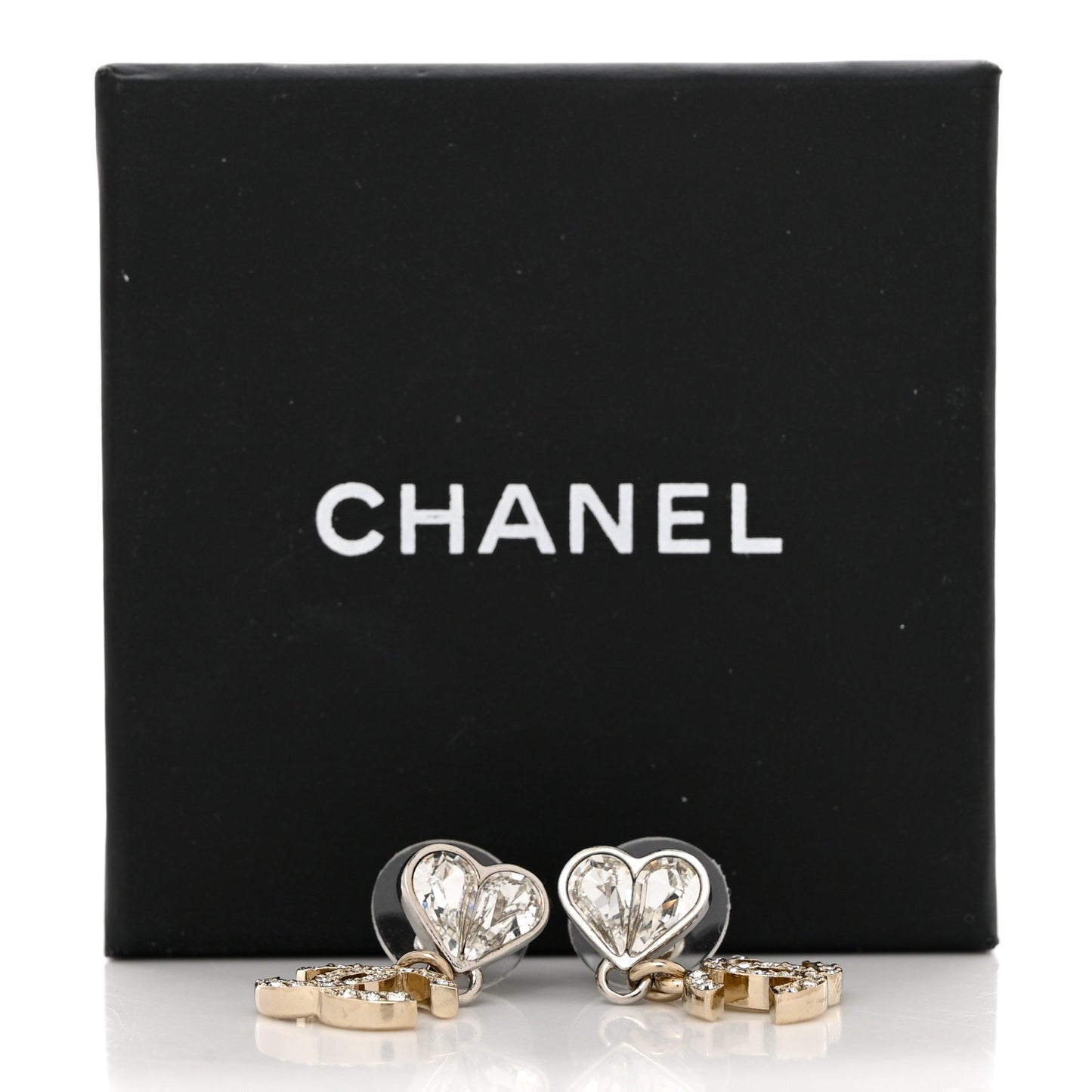 Crystal CC Heart Drop Earrings Gold Silver