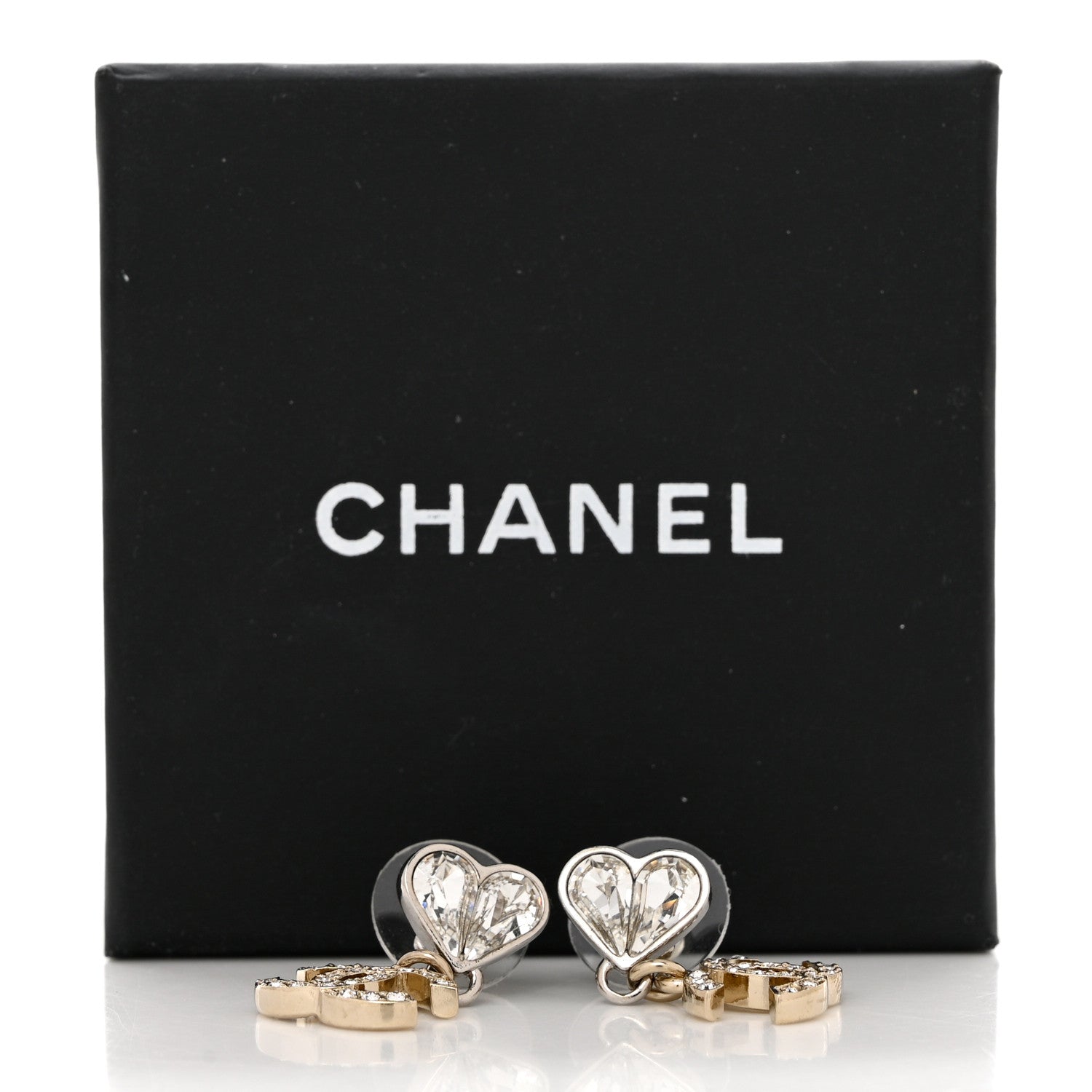 Chanel Crystal CC Heart Drop Earrings Gold Silver 5 of 5