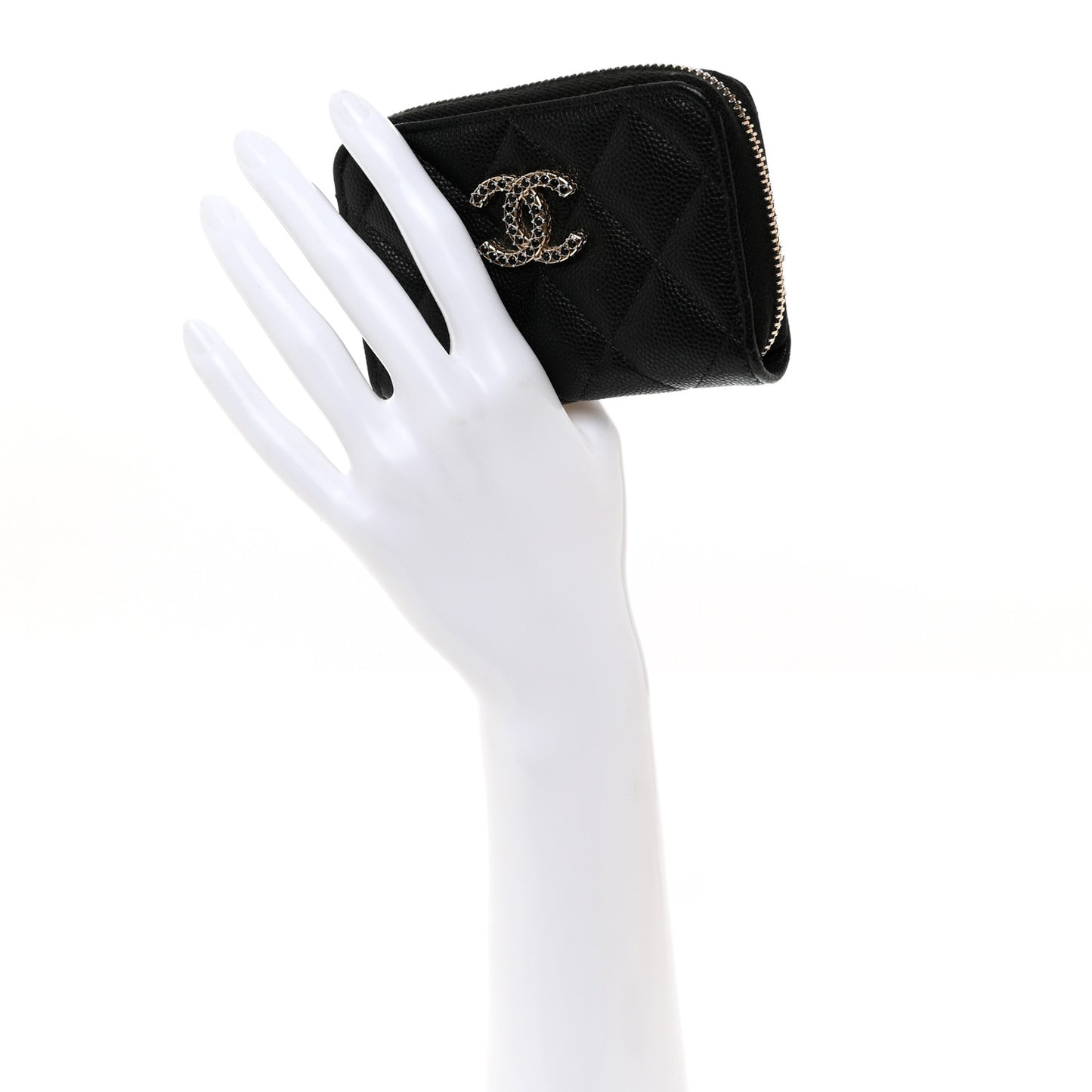 Shiny Caviar Quilted Strass CC Zip Coin Purse Black