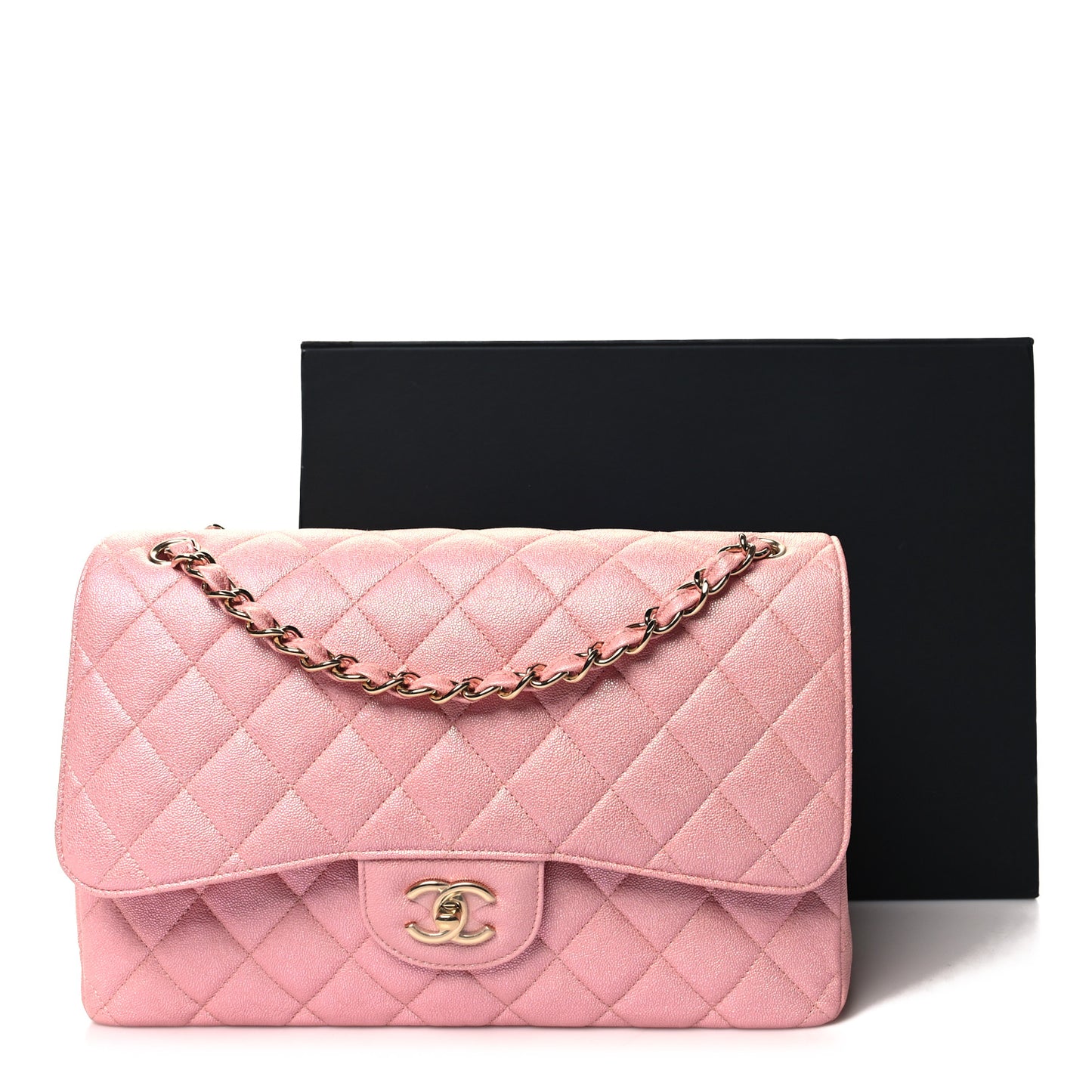 Iridescent Caviar Quilted Jumbo Double Flap Rose Pink