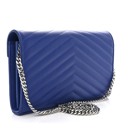 Saint Laurent Grain De Poudre Matelasse Chevron Monogram Chain Wallet Blue Majorelle 3 of 11