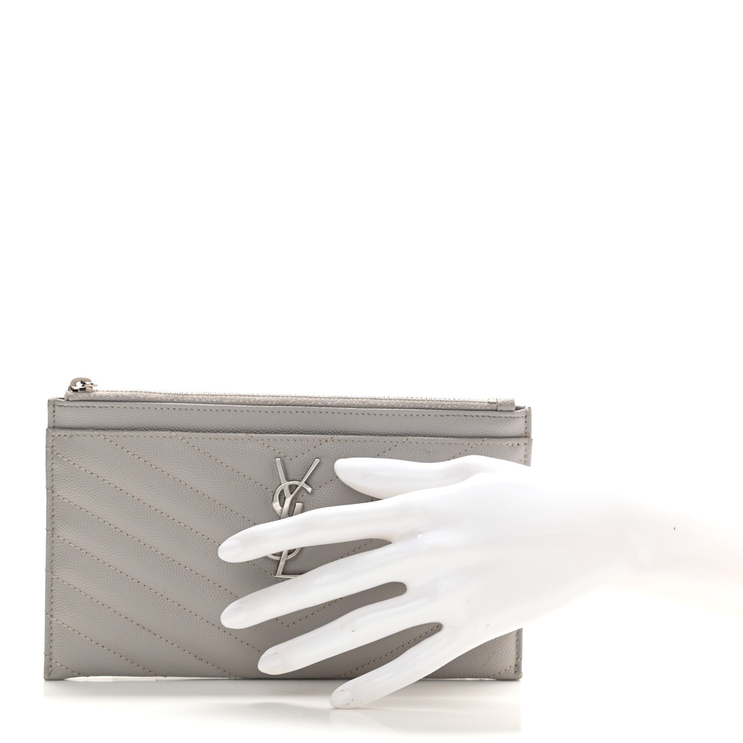 Saint Laurent Grain De Poudre Chevron Monogram Bill Pouch Granite 2 of 7