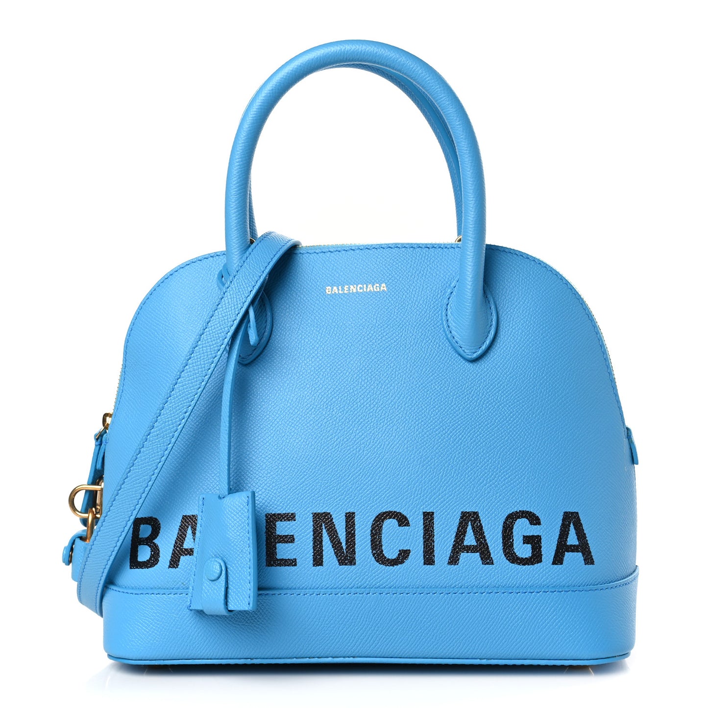 Signature Grained Calfskin Logo S Ville Top Handle Bag Bleu Turquoise