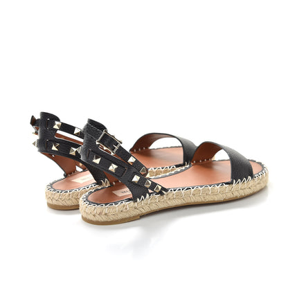 Valentino Garavani Grained Calfskin Rockstud Ankle Strap Espadrille Flat Sandals 40 Black 4 of 10