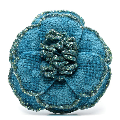 Chanel Tweed Camellia Pin Brooch Turquoise 1 of 5