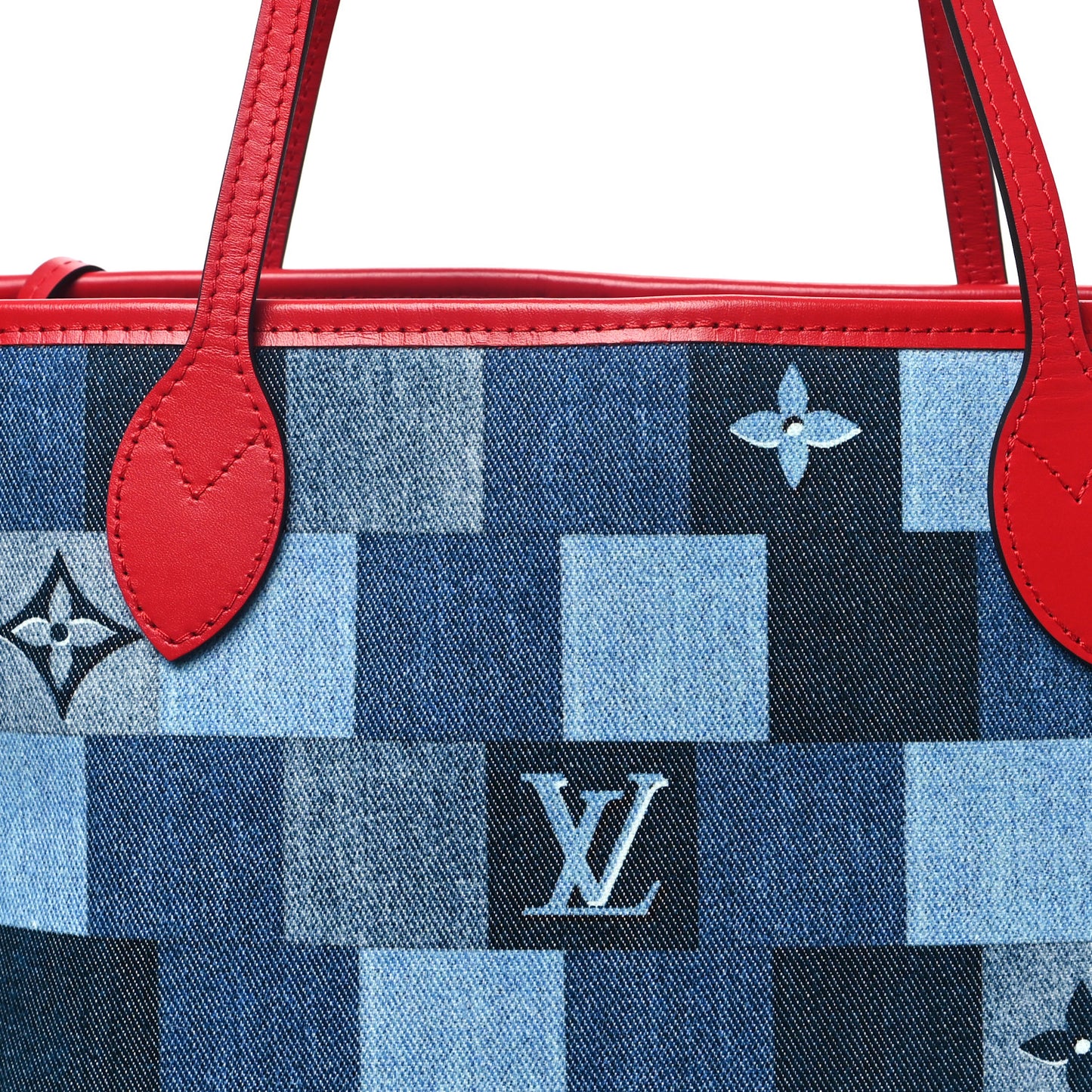 Denim Damier Monogram Patchwork Neverfull Blue Rouge