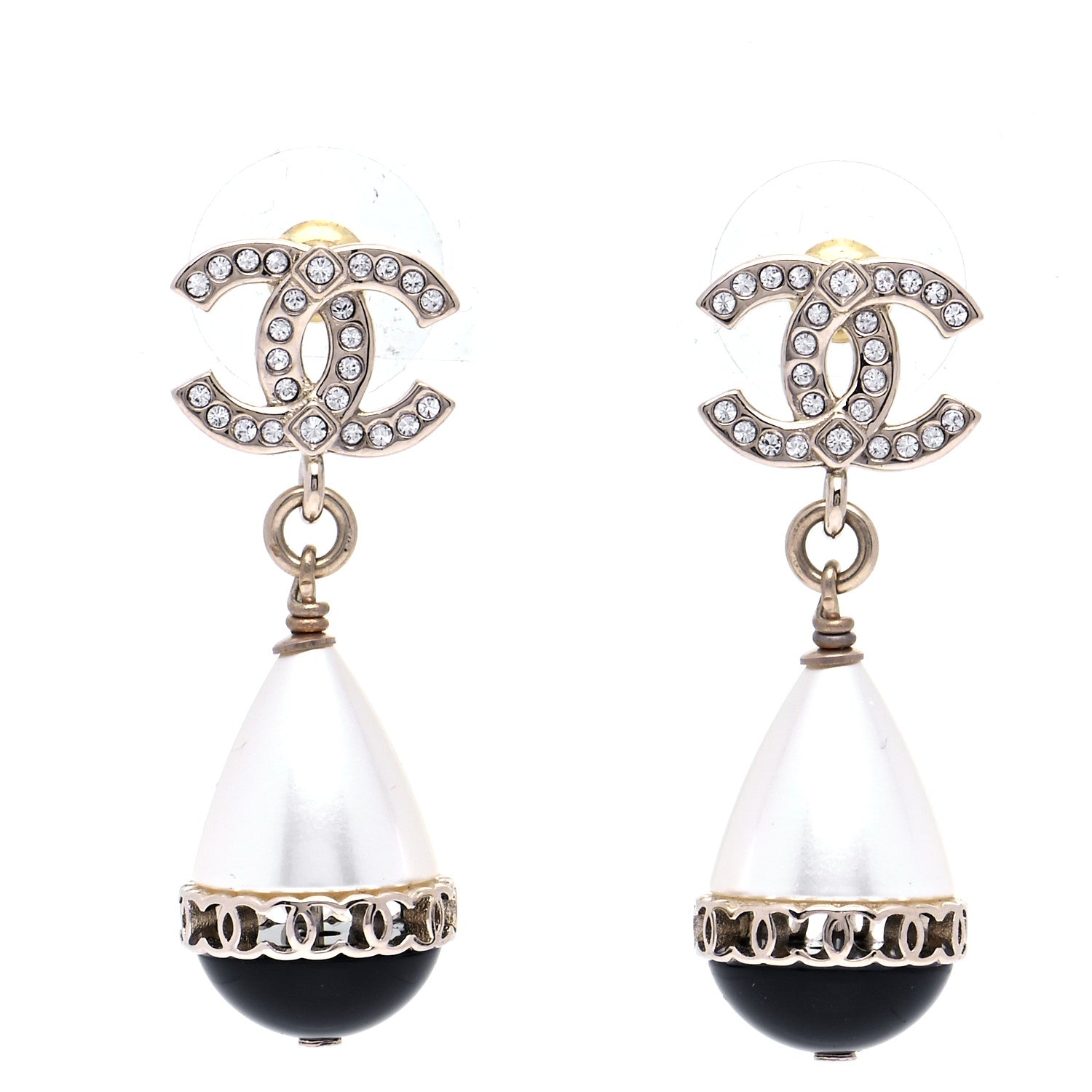 Chanel Crystal Pearl CC Fantasy Drop Earrings Gold Black 1 of 6