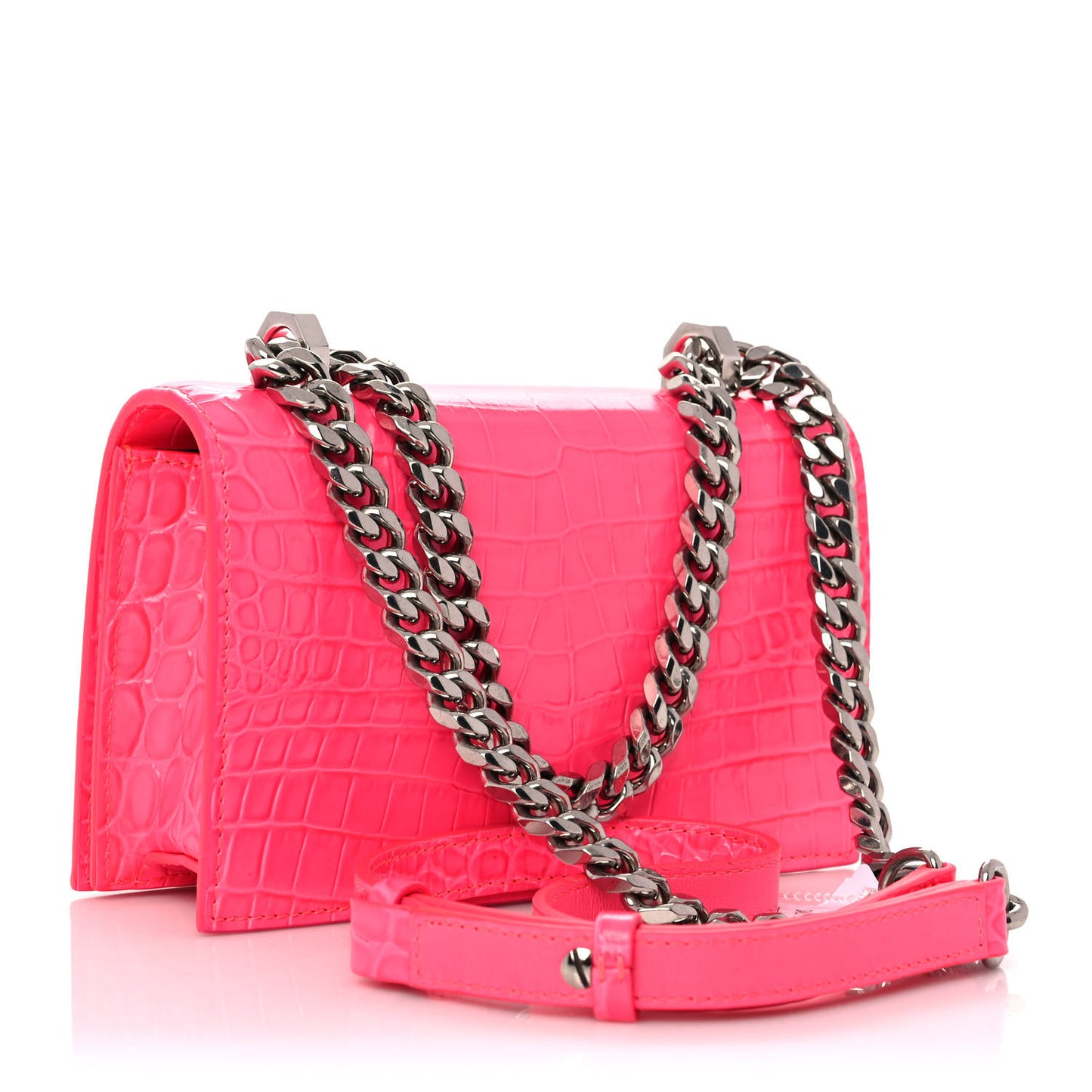 Shiny Crocodile Embossed Jeweled Satchel Peony Pink