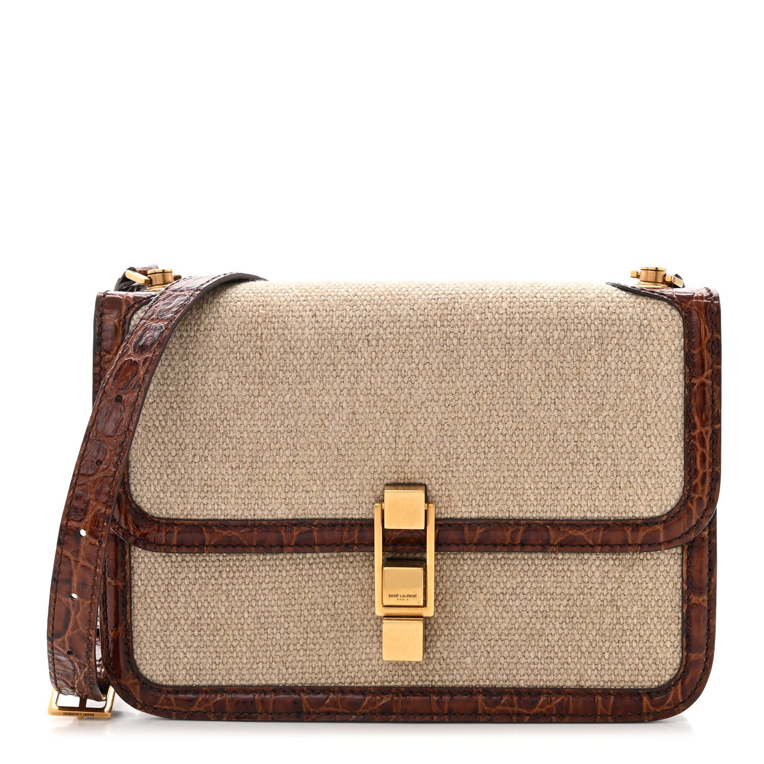 Saint Laurent Linen Canvas Crocodile Embossed Carre Satchel Natural Brown 1 of 12