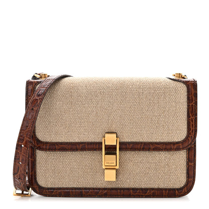 Saint Laurent Linen Canvas Crocodile Embossed Carre Satchel Natural Brown 1 of 12