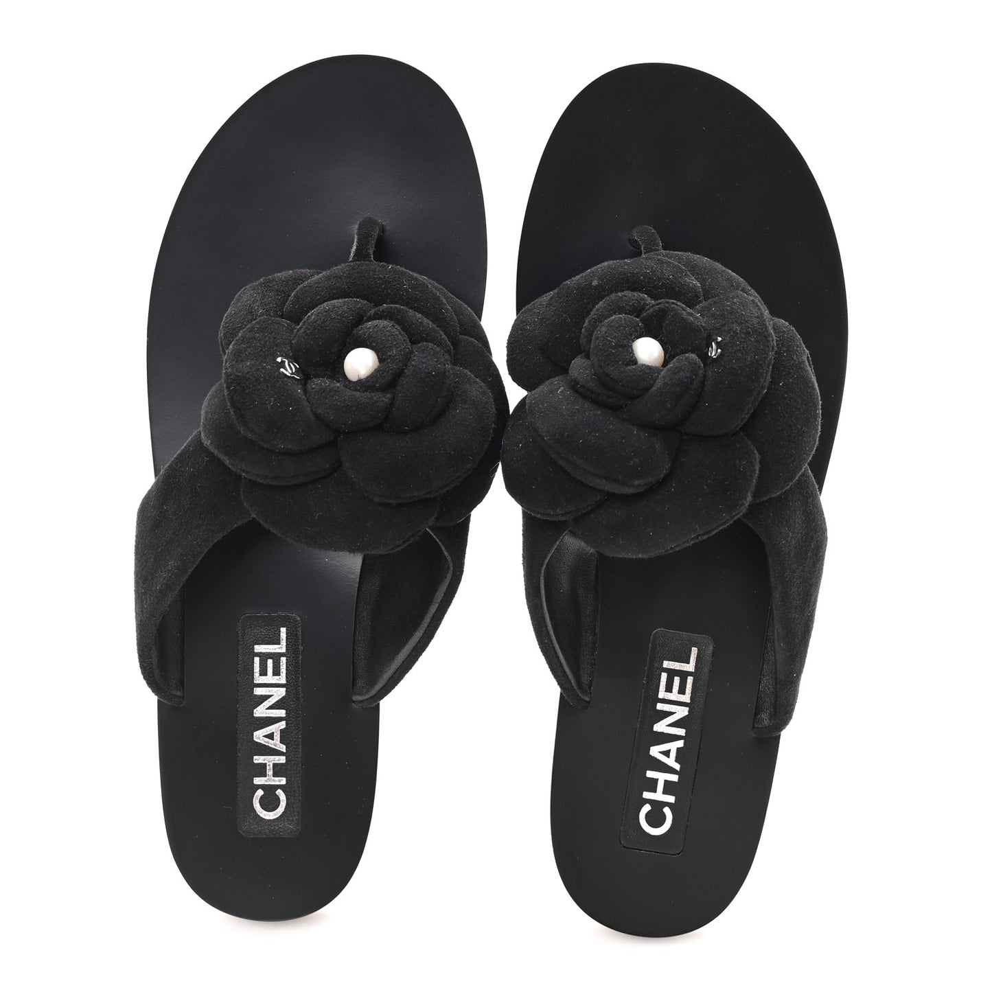 Suede Kidskin Pearl Camellia Thong Sandals 38.5 Black