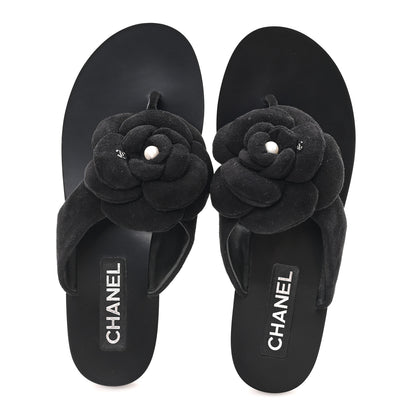 Chanel Suede Kidskin Pearl Camellia Thong Sandals 38.5 Black 2 of 10