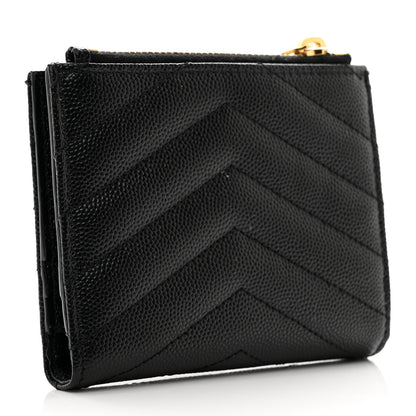 Saint Laurent Grain De Poudre Matelasse Chevron Monogram Zipped Card Case Black 3 of 7
