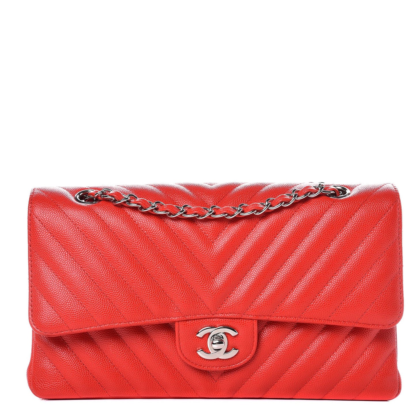 Caviar Chevron Quilted Medium Double Flap Dark Red