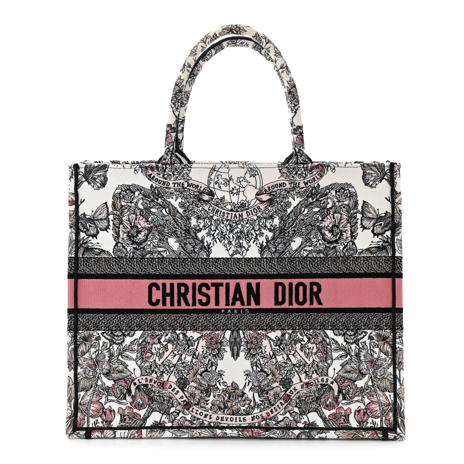 Christian Dior Canvas Embroidered Large Butterfly Around The World Book Tote White Pastel Pink 1 of 10