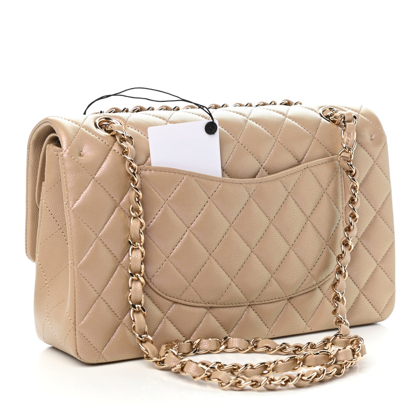 Iridescent Caviar Quilted Medium Double Flap Dark Beige