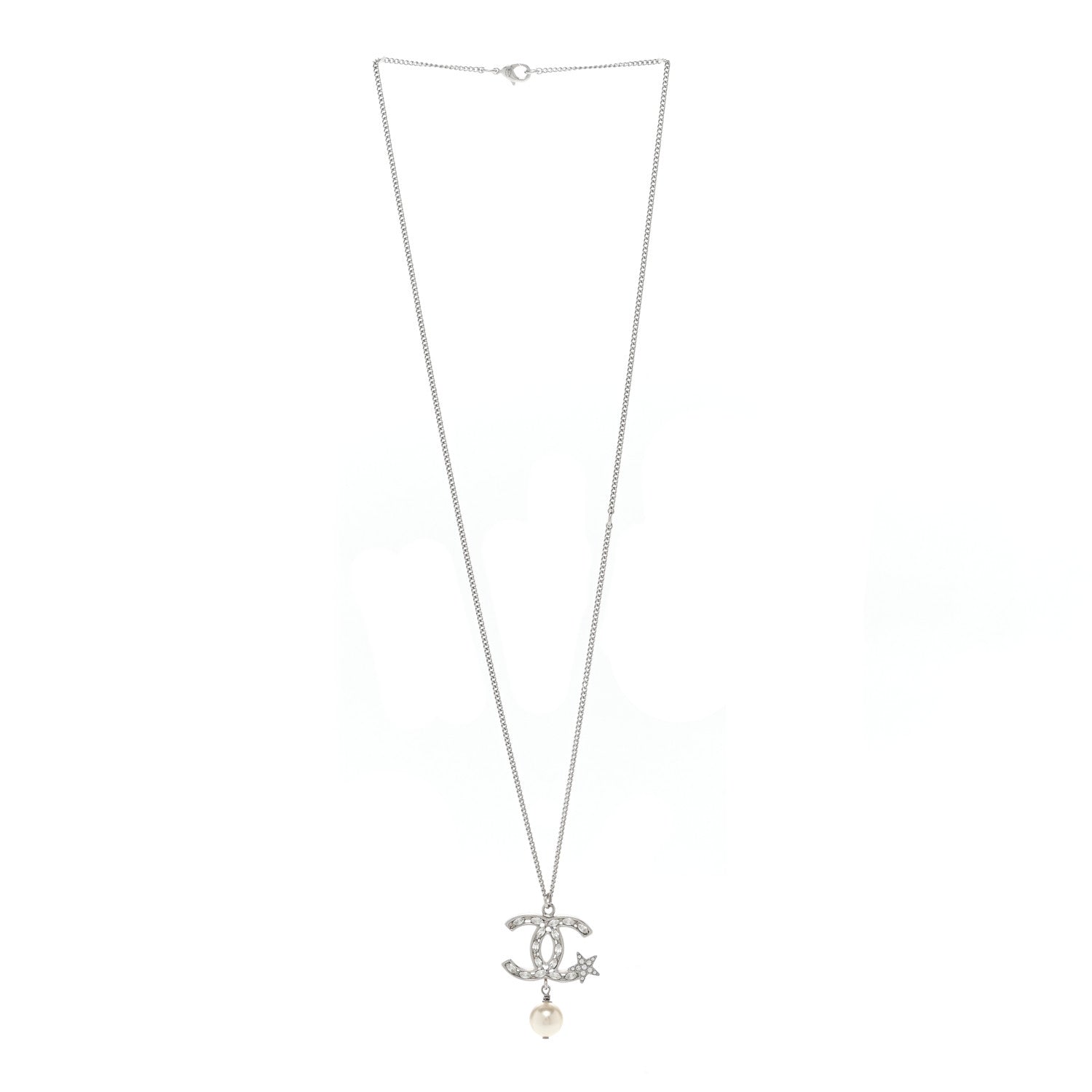 Chanel Crystal CC Star Pearl Drop Necklace Silver 3 of 6