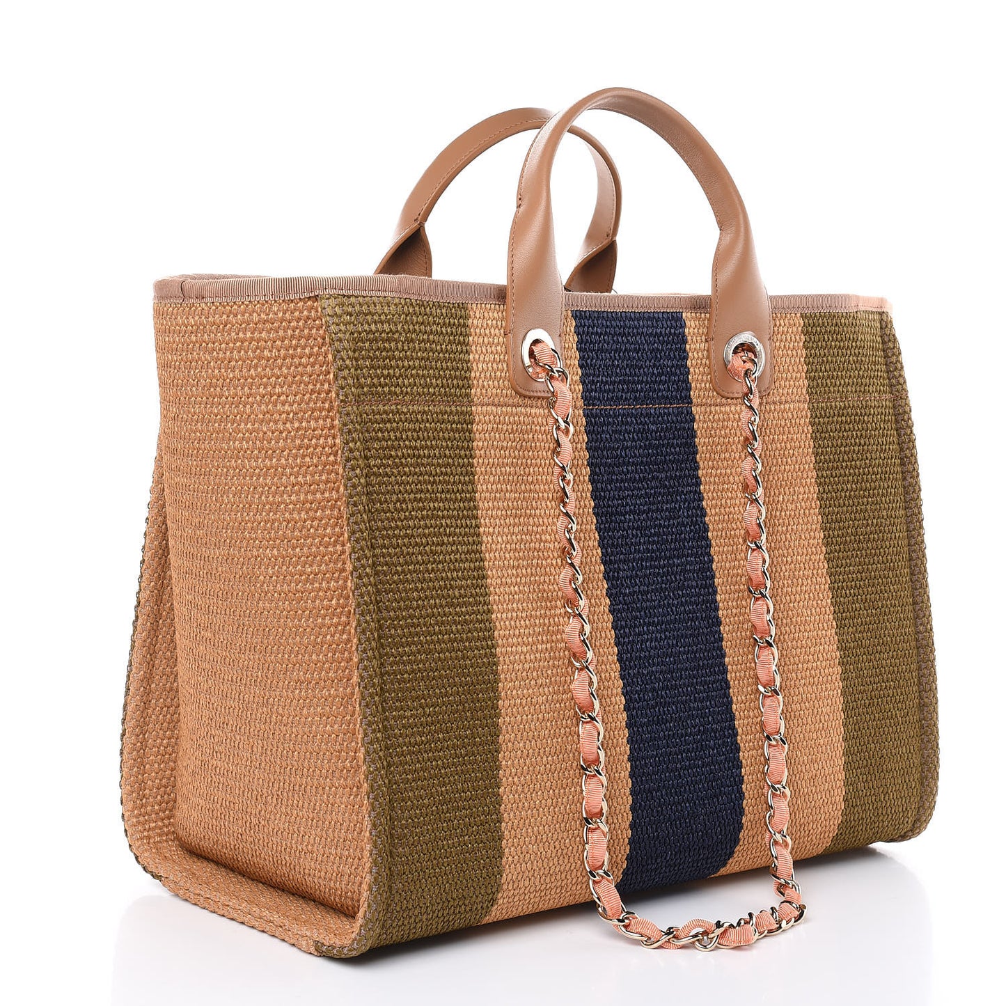 Straw Raffia Calfskin Striped Large Deauville Tote Khaki Beige Navy Blue