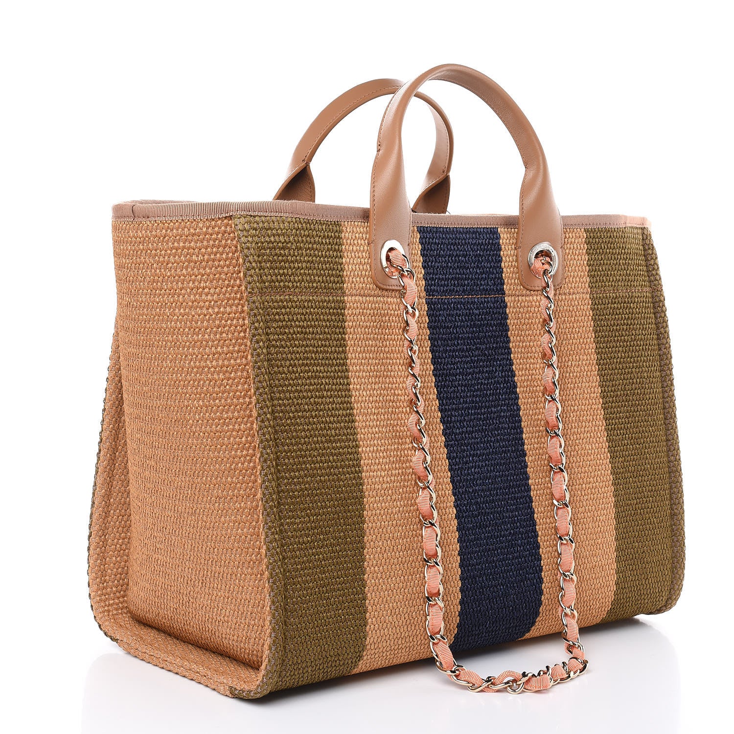 Chanel Straw Raffia Calfskin Striped Large Deauville Tote Khaki Beige Navy Blue 3 of 10