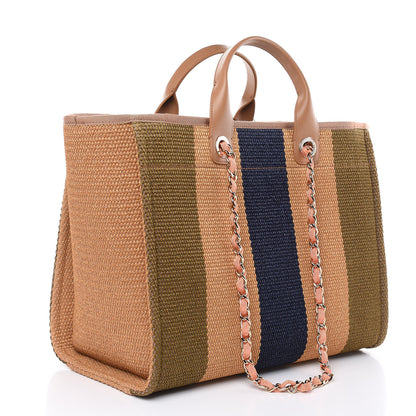Chanel Straw Raffia Calfskin Striped Large Deauville Tote Khaki Beige Navy Blue 3 of 10
