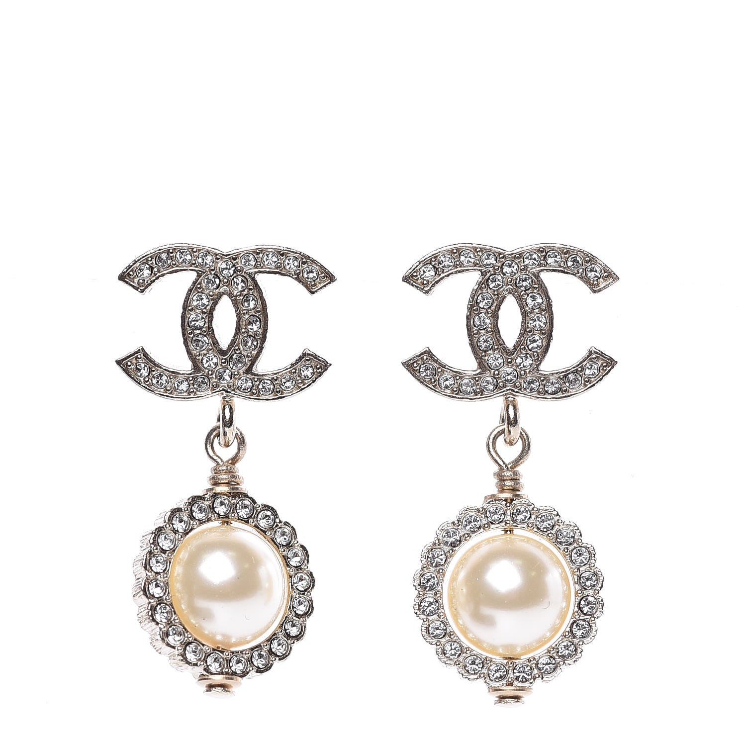 Chanel Crystal Pearl CC Lace Camellia Earrings Gold 1 of 5