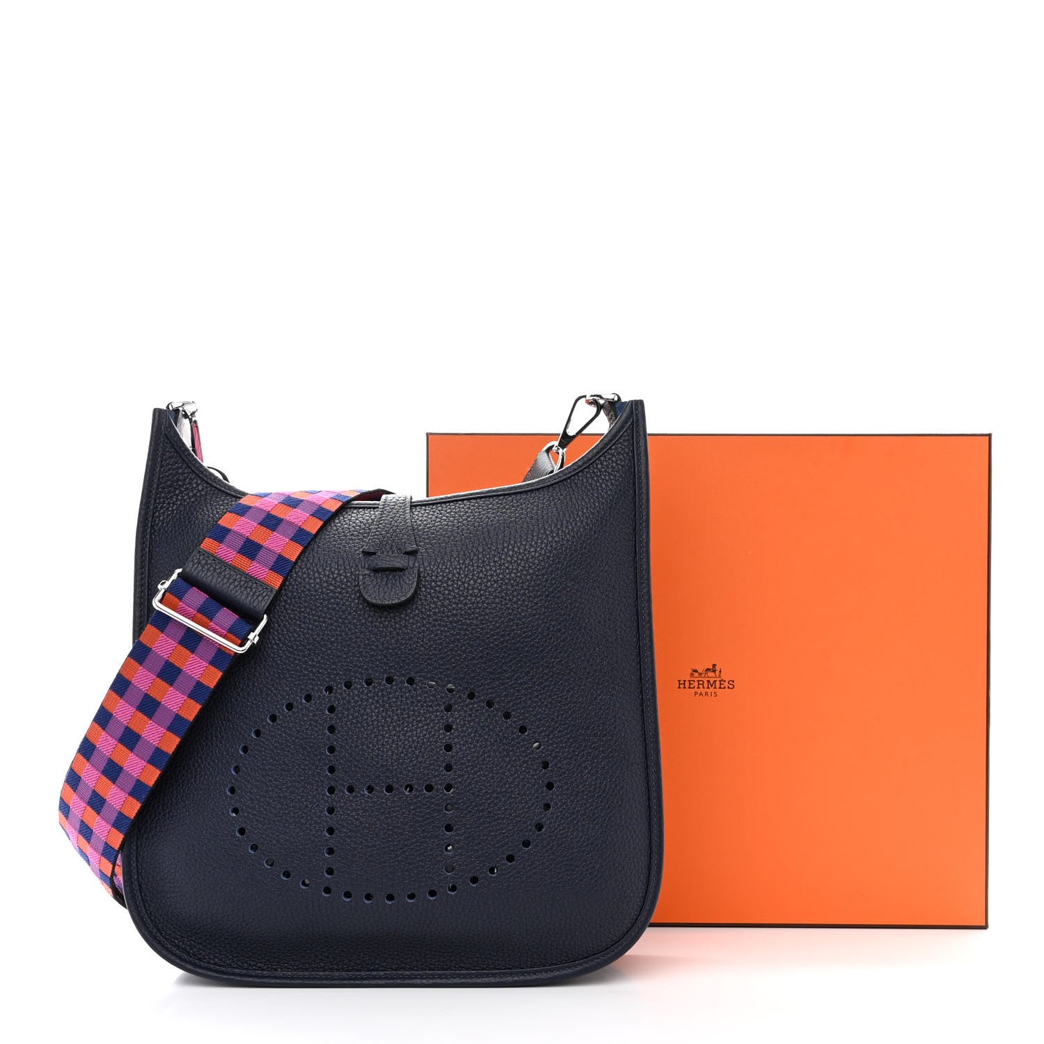 Hermes Taurillon Clemence Quadrille Evelyne III PM Bleu Nuit Bleu Saphir Anemone Capucine 11 of 11