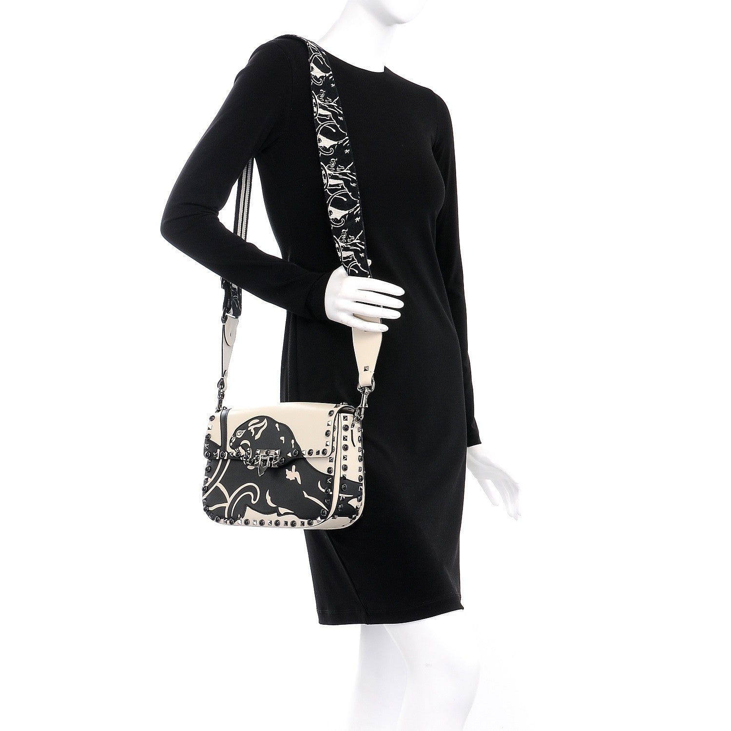 Valentino Garavani Calfskin Panther Medium Guitar Strap Rockstud Rolling Flap Saddle Bag White Black 2 of 9